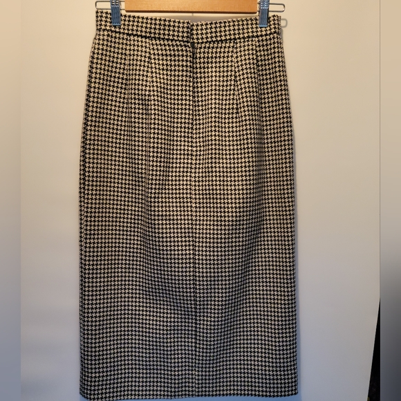 Vintage wool houndstooth handmade knit slit skirt navy ivory wool midi pencil - Picture 2 of 5